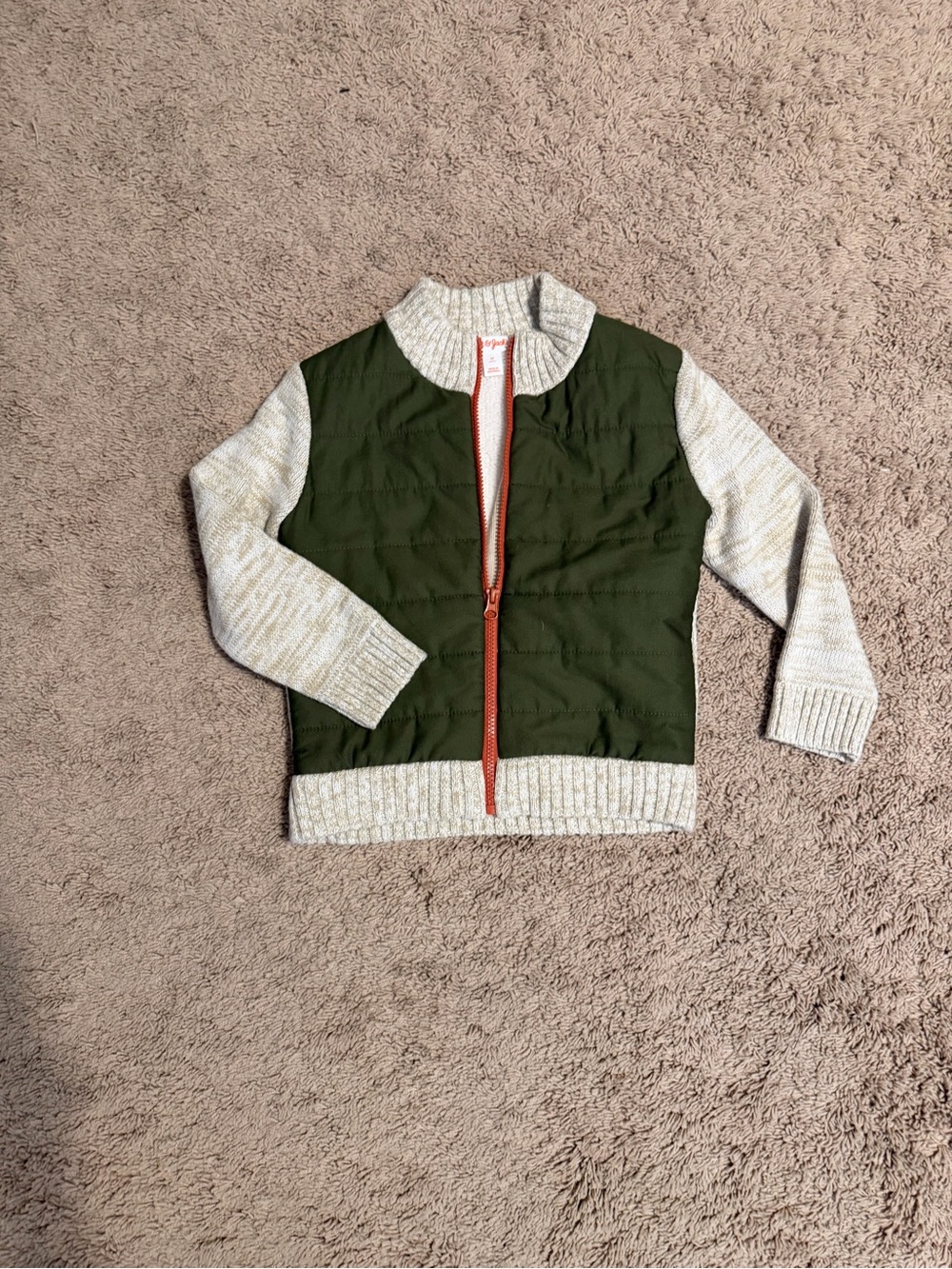 Cat & Jack Olive Green Quilted Front Jacket with Cream Knit Sleeves